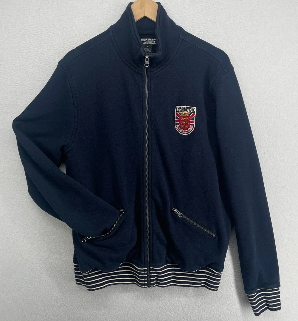 LUCKY BRAND Jacket Mens M ENGLAND 57 Crest Patch Track Terry Full Zip Blue Vtg